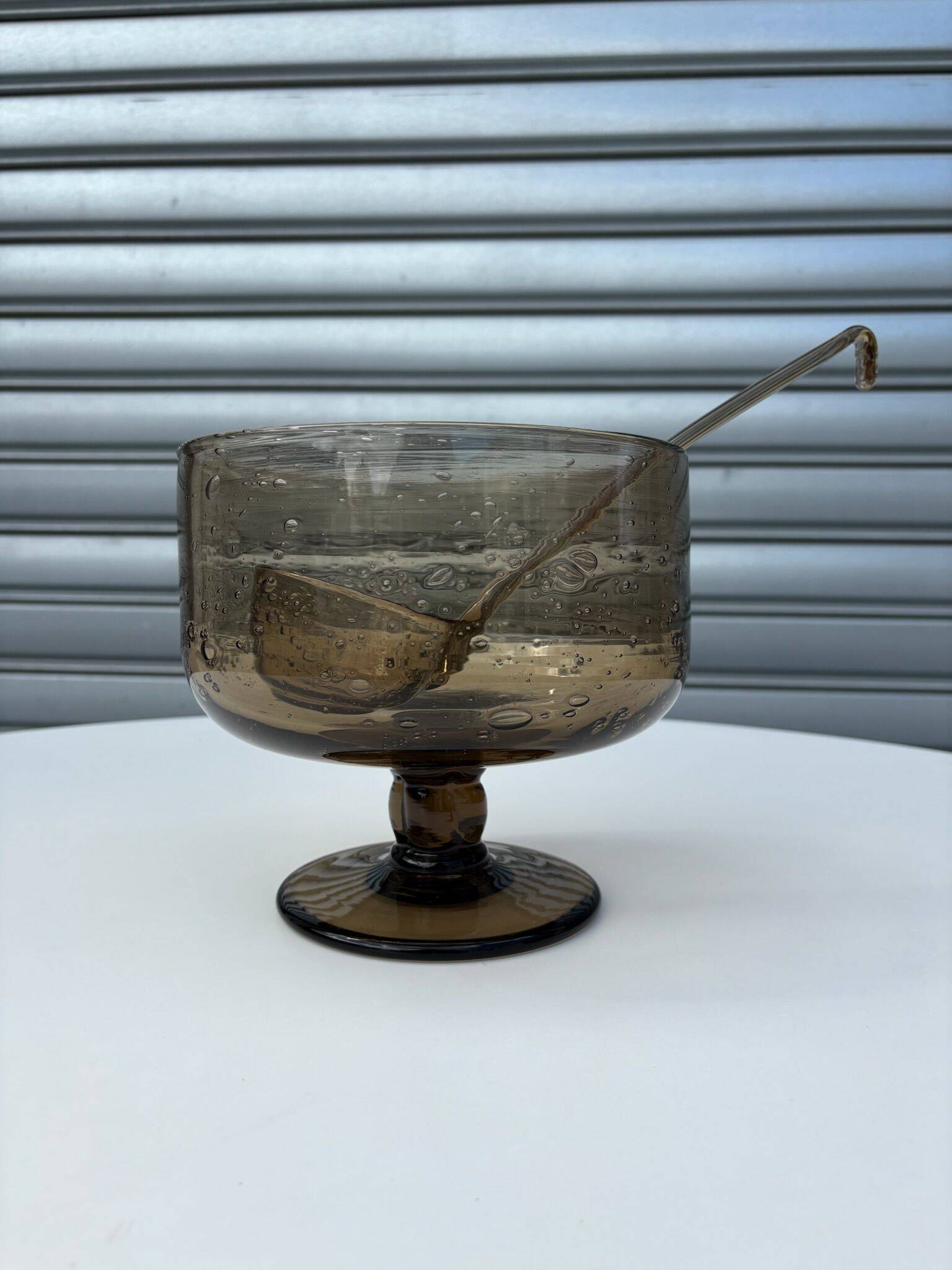Vintage smoked bubble glass punch bowl with matching ladle