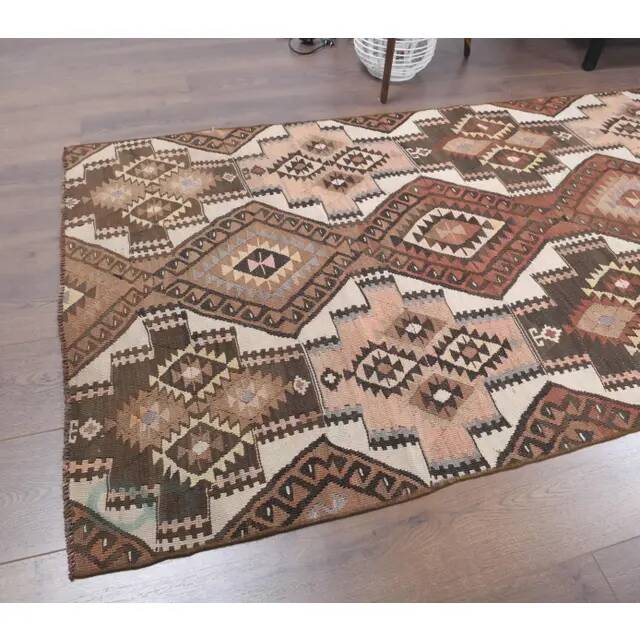 Vintage Turkish Handmade Wool Cotton Brown Kilim Runner 103x424