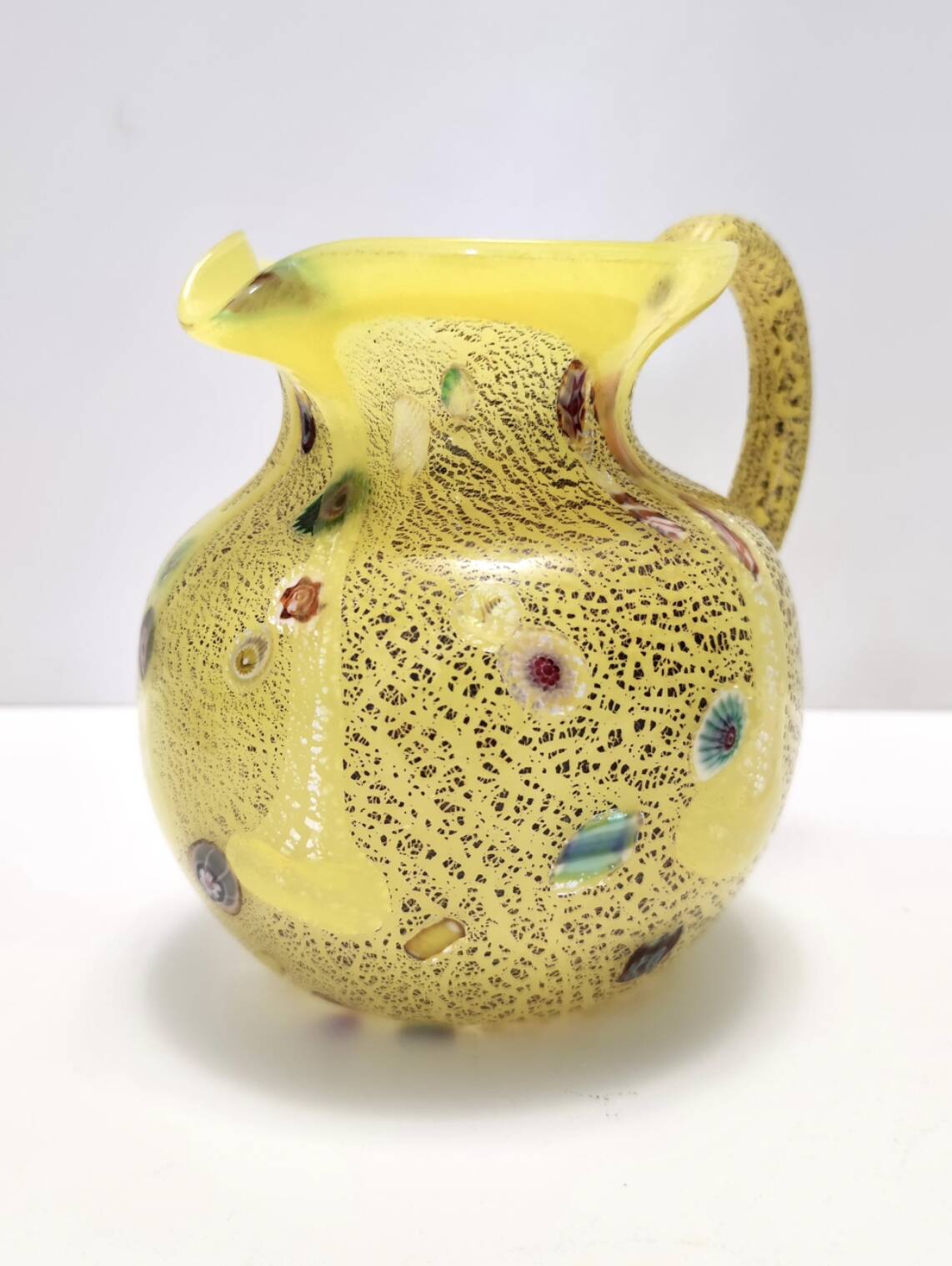 Postmodern Yellow Opaline Hand Blown Glass Jug with Murrines and Silver Flakes