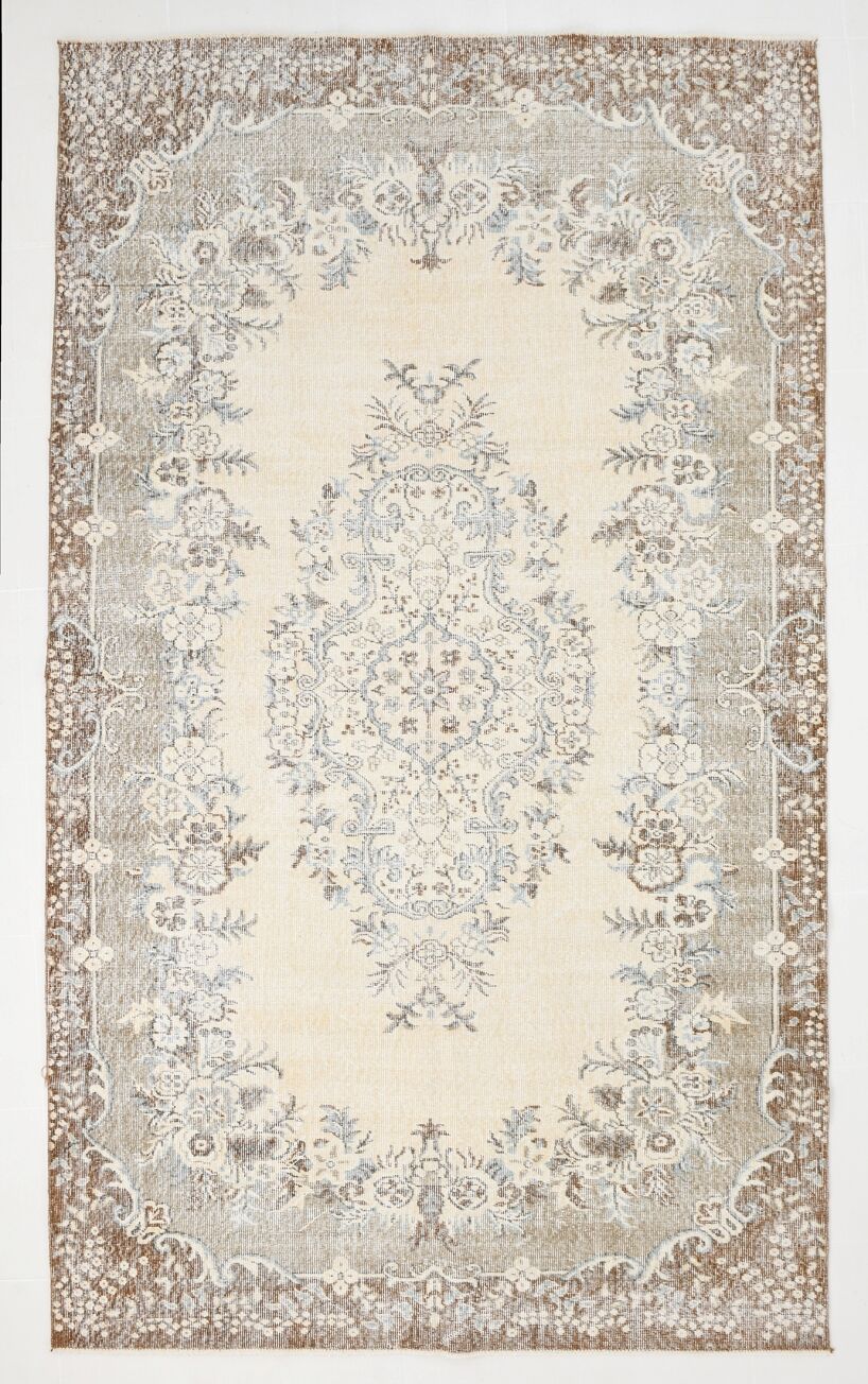 Handmade beige & brown floral  vintage rug