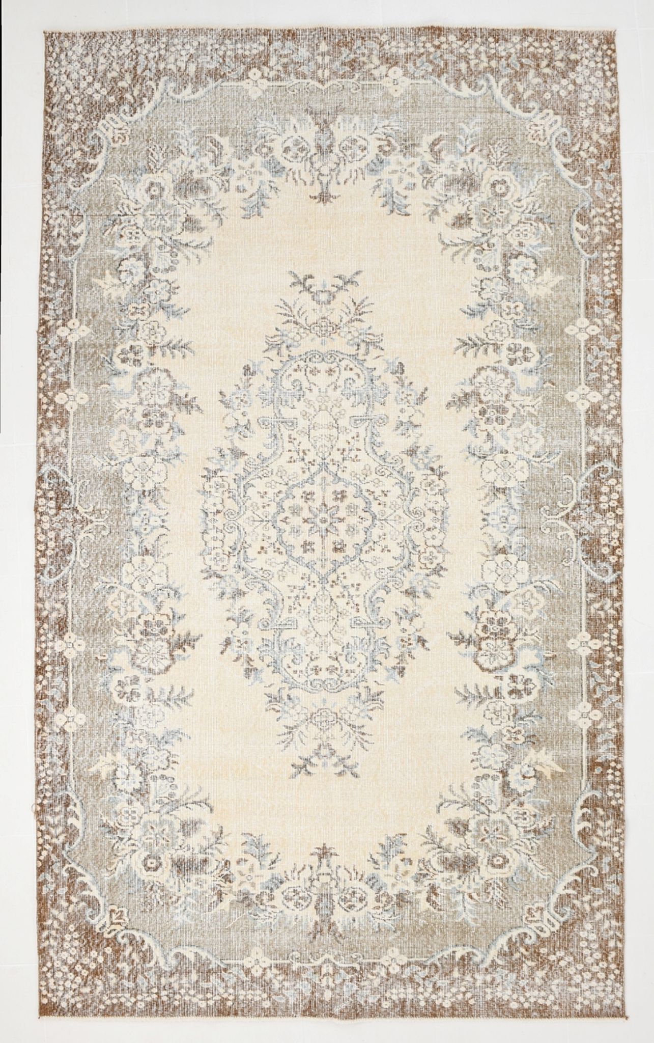 Handmade beige & brown floral  vintage rug