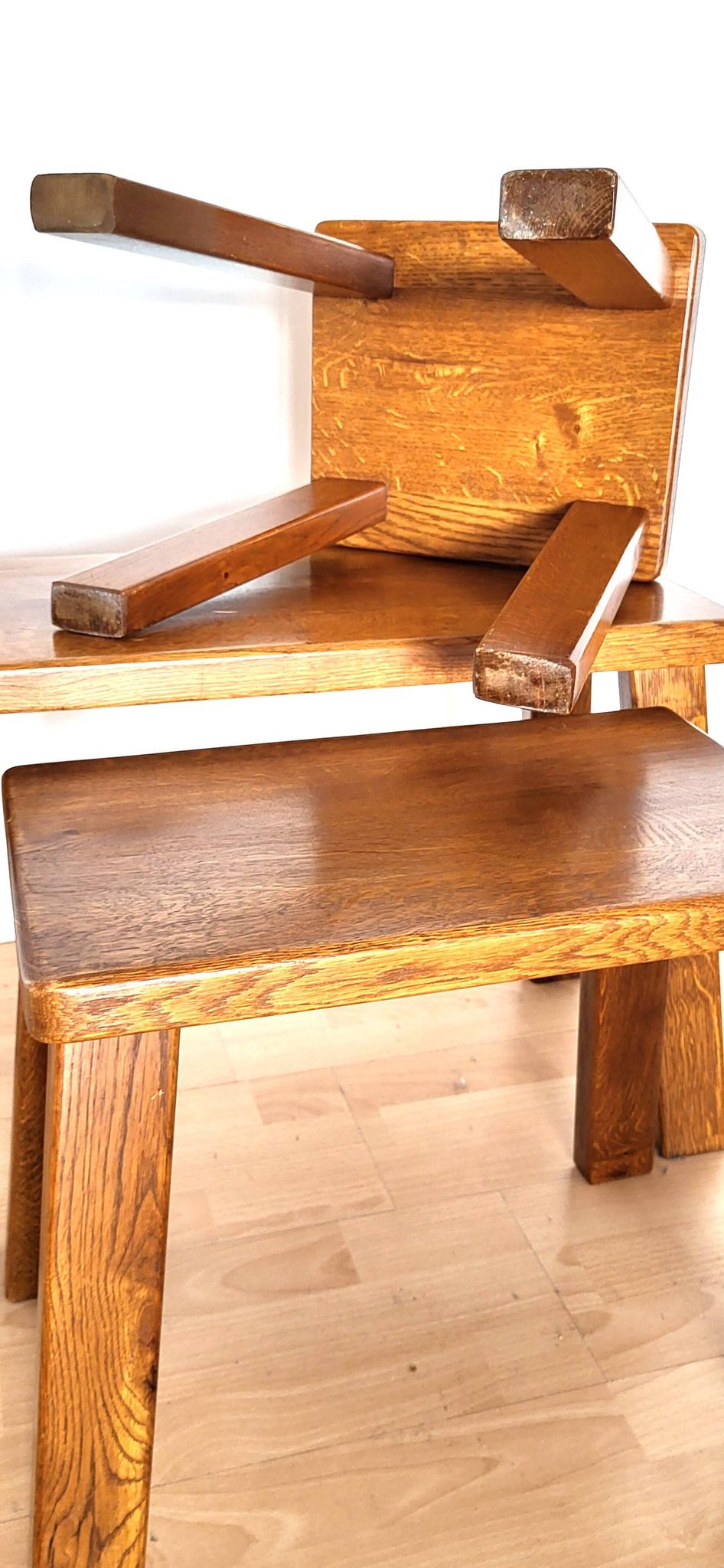 3 tables gigognes Brutaliste 70' en chêne blond