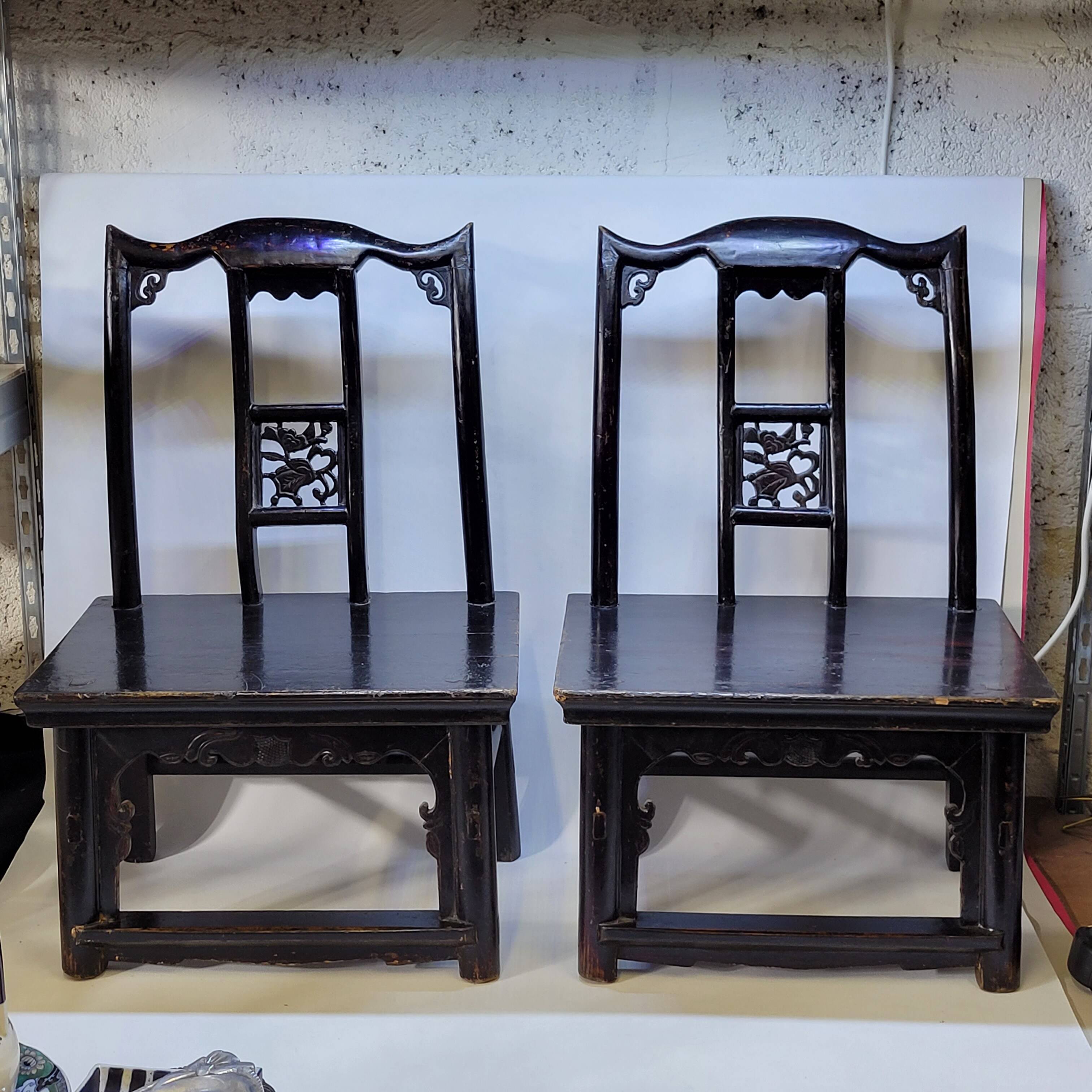 Pair of old chairs armchairs 19th century Chinese stools in black lacquered wood