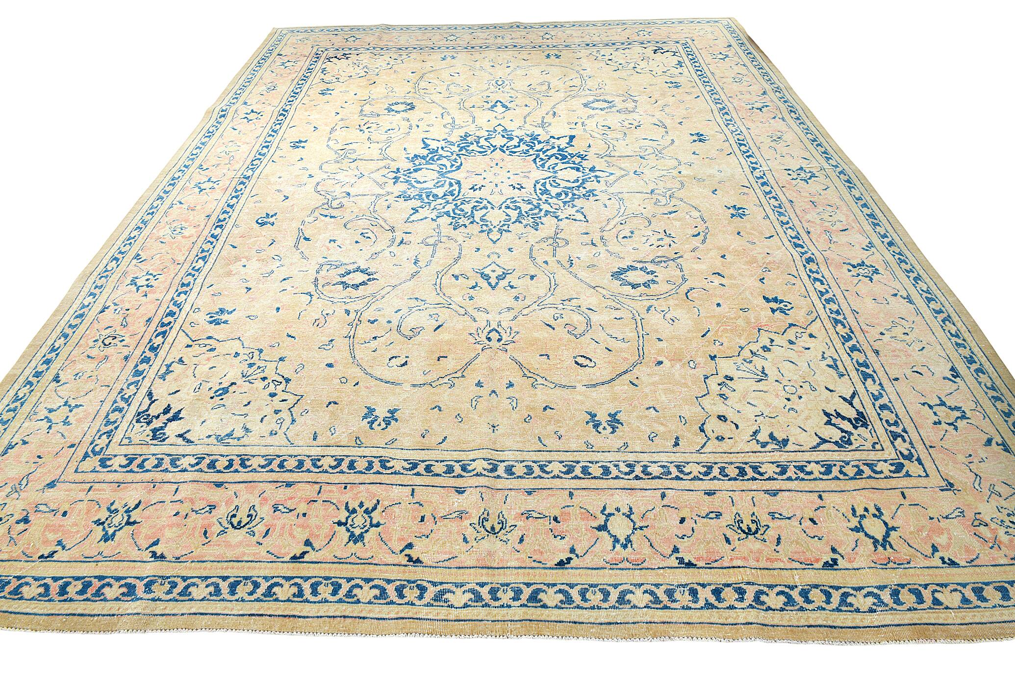 Tapis persan vintage beige et bleu à médaillon floral, 300x393 cm