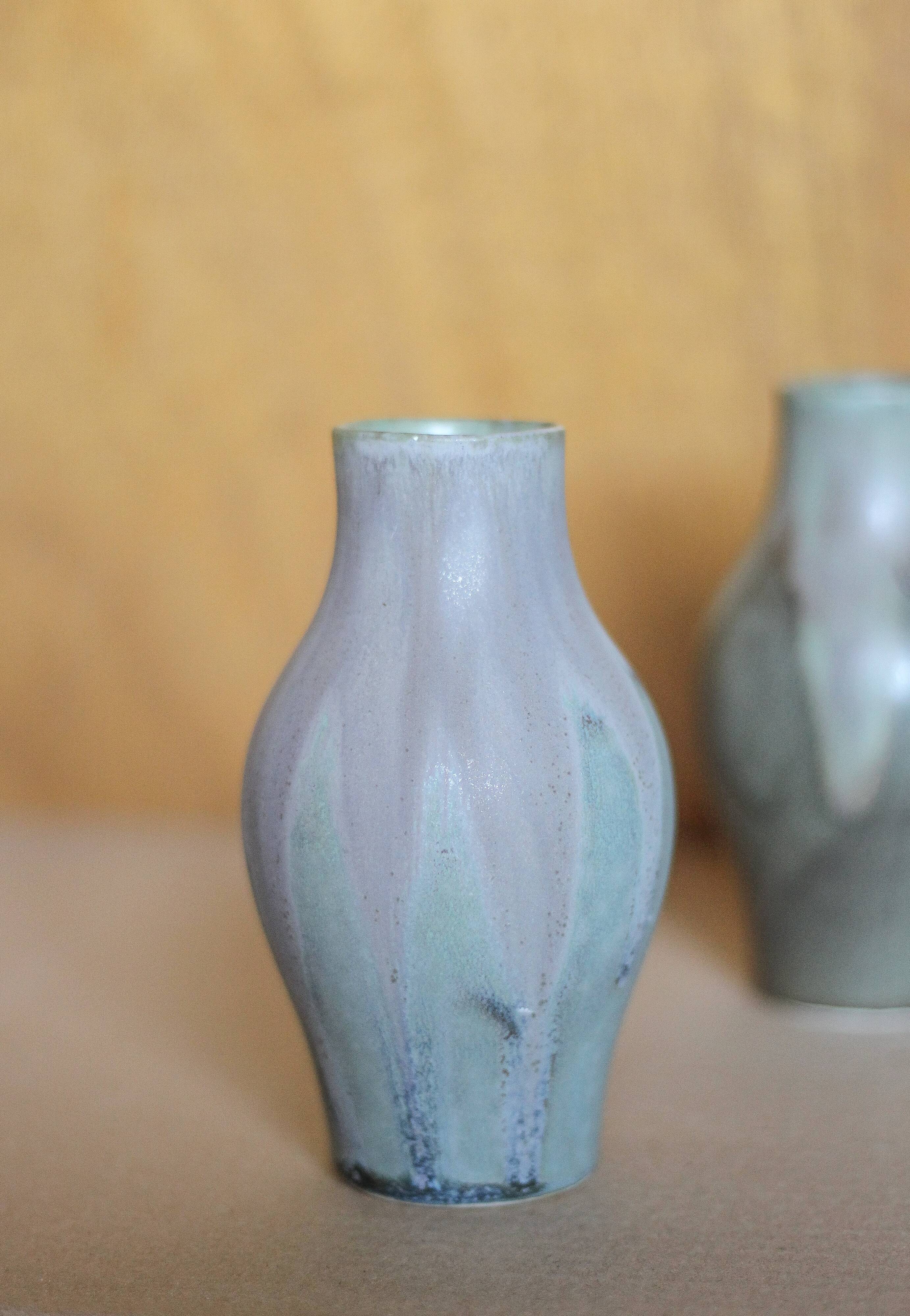 Pair of Denbac style flamed stoneware vases, small vintage vase, flower pot