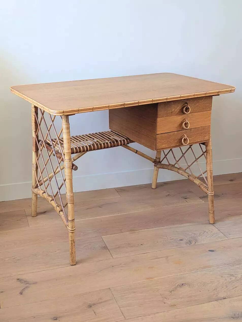 Vintage oak and rattan desk attributed to Louis Sognot