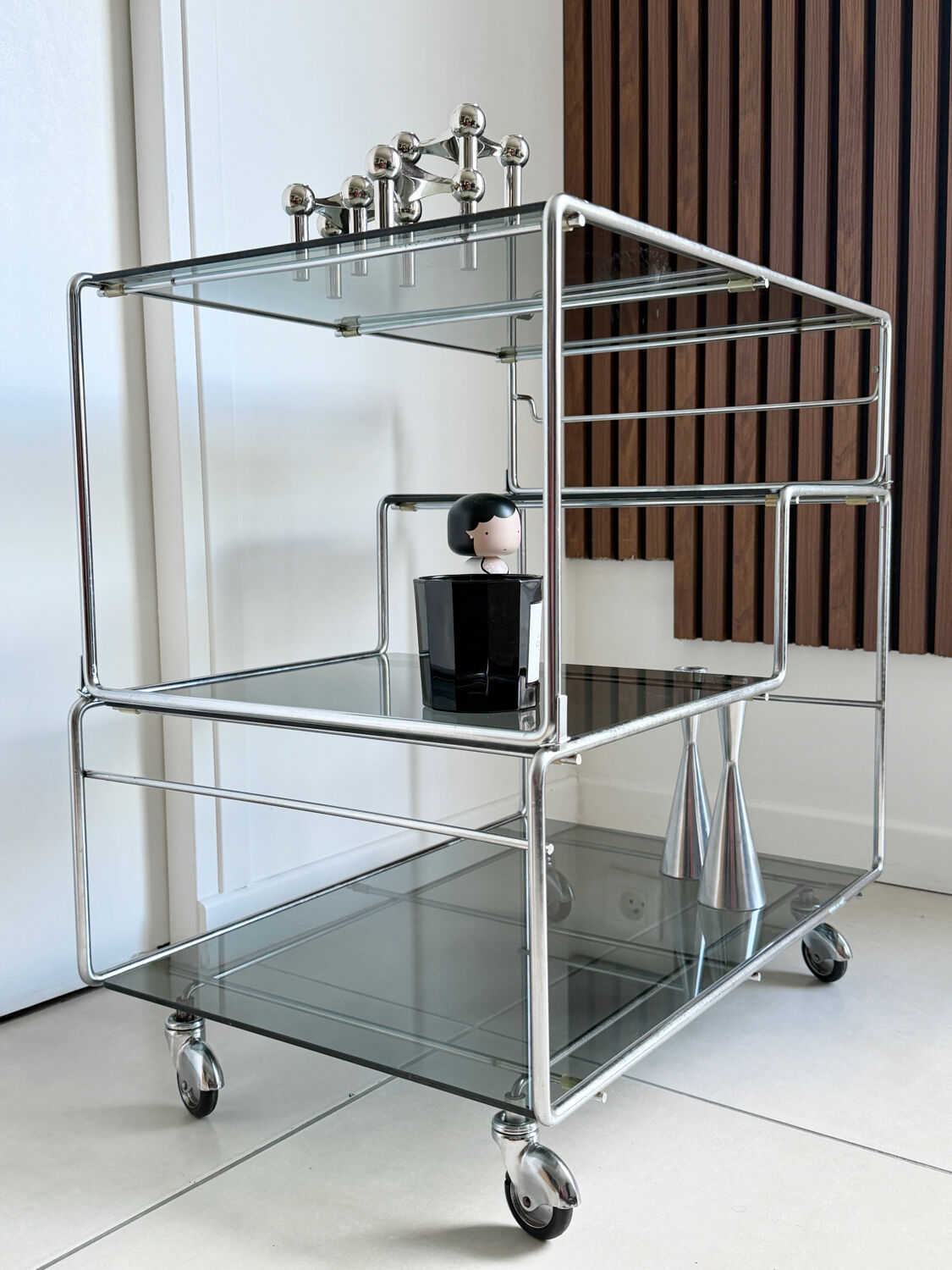 Coffee table / chrome and smoked glass by Max Sauze