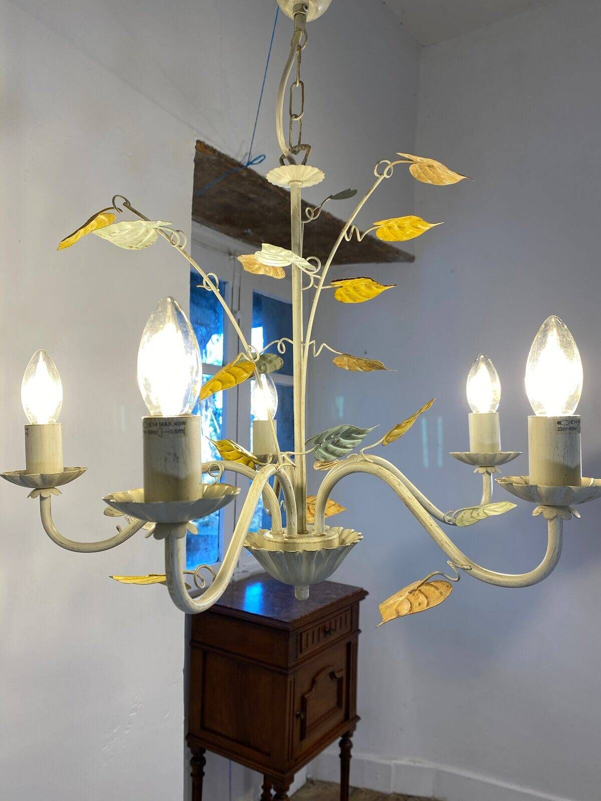 Vintage painted metal chandelier, foliage and flowers, 5 lights.