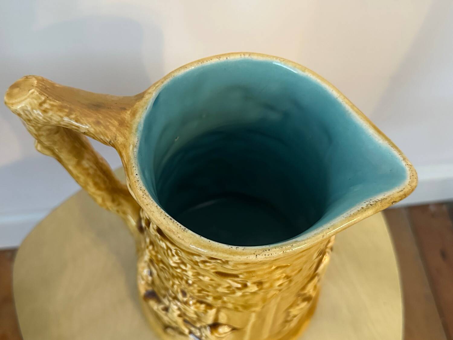 Old large Sarreguemines Majolica earthenware pitcher, vintage slip