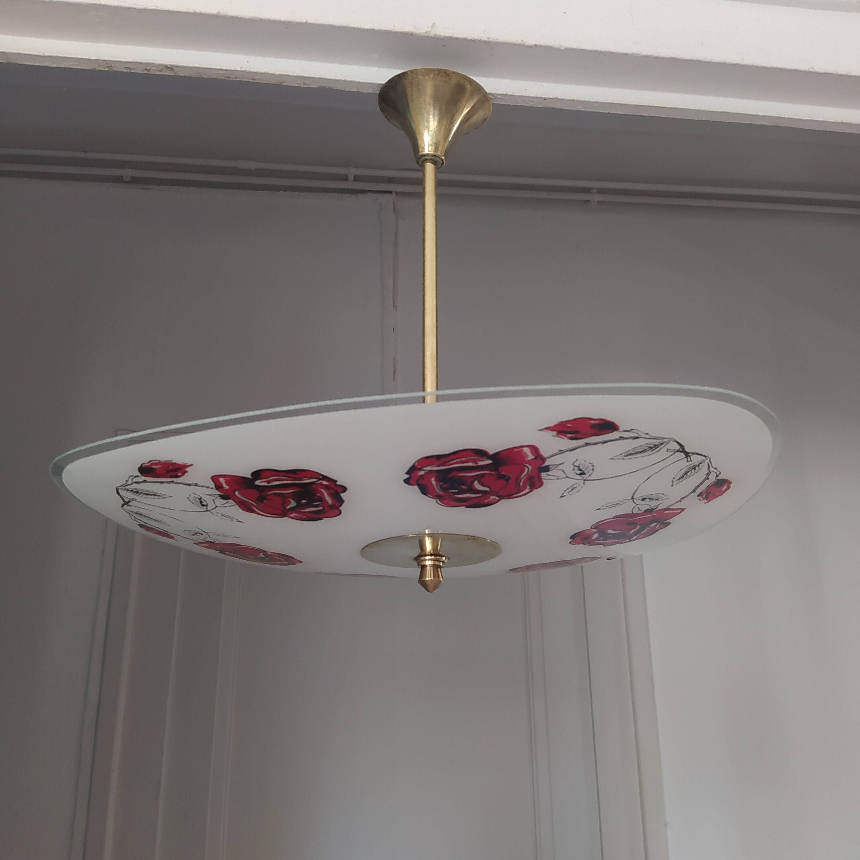 Vintage 1960s brass and glass pendant light with rose decor