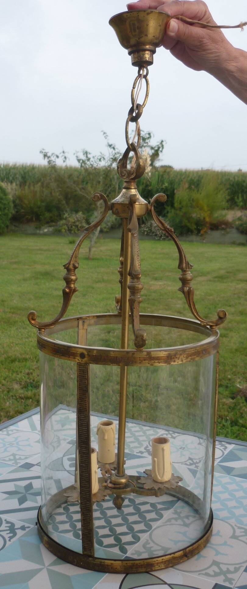 Antique glass and brass lantern pendant light, 3 lights