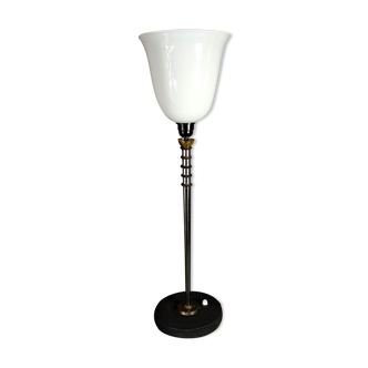 Lampe de table style Art déco métal et opaline 71 cm, vers 1950 SB