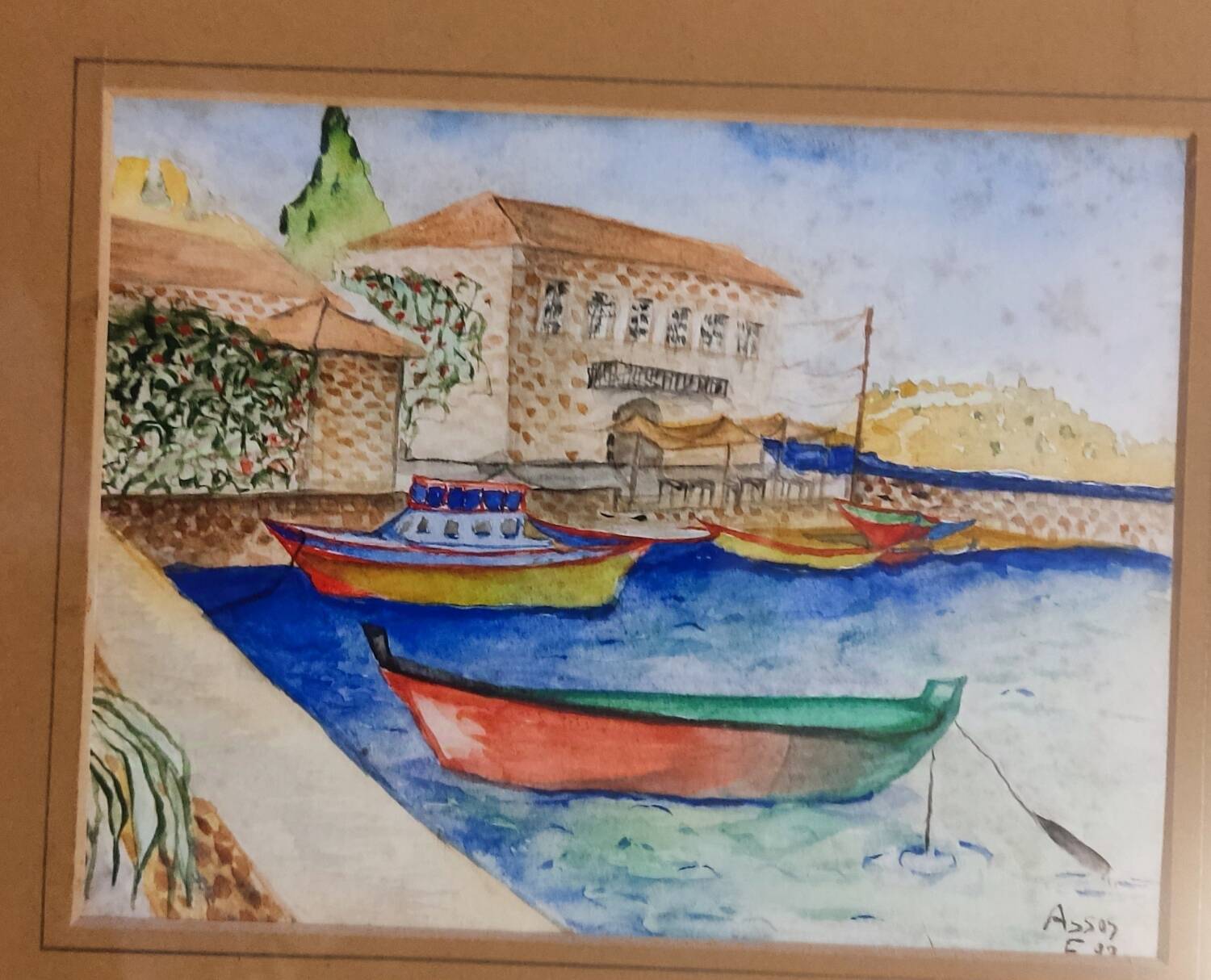 Marine painting on canvas fishing boats at the port