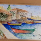 Marine painting on canvas fishing boats at the port