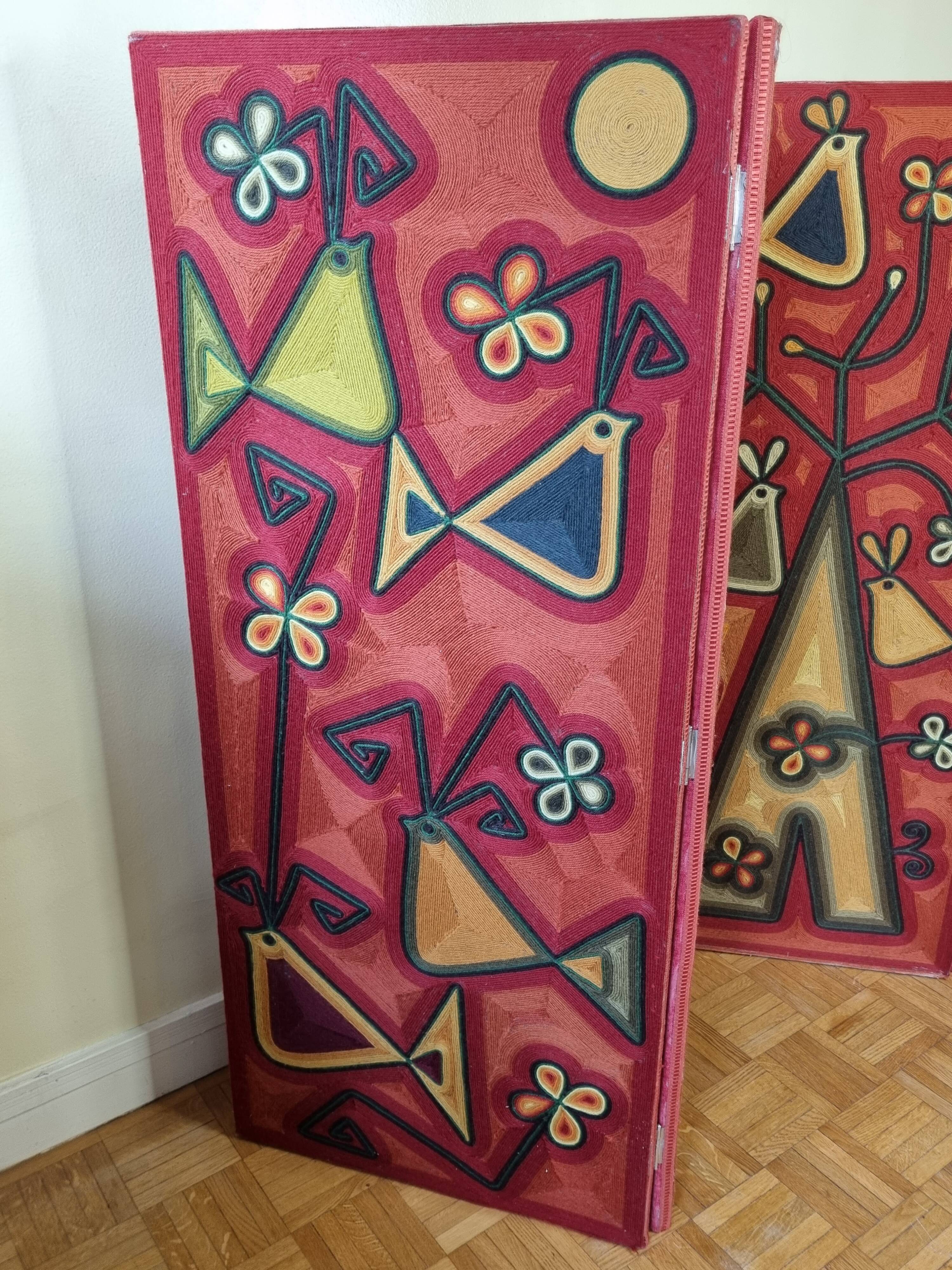 Screen decorated with wool threads, "Huichol" art, Sofia Ribeira, 120 cm