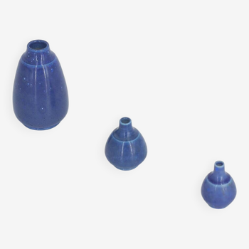 Small Mid-Century Scandinavian Modern Collectible Blue Stoneware Vase by Gunnar Borg, Set of 3