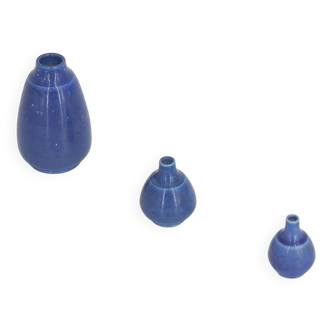 Small Mid-Century Scandinavian Modern Collectible Blue Stoneware Vase by Gunnar Borg, Set of 3