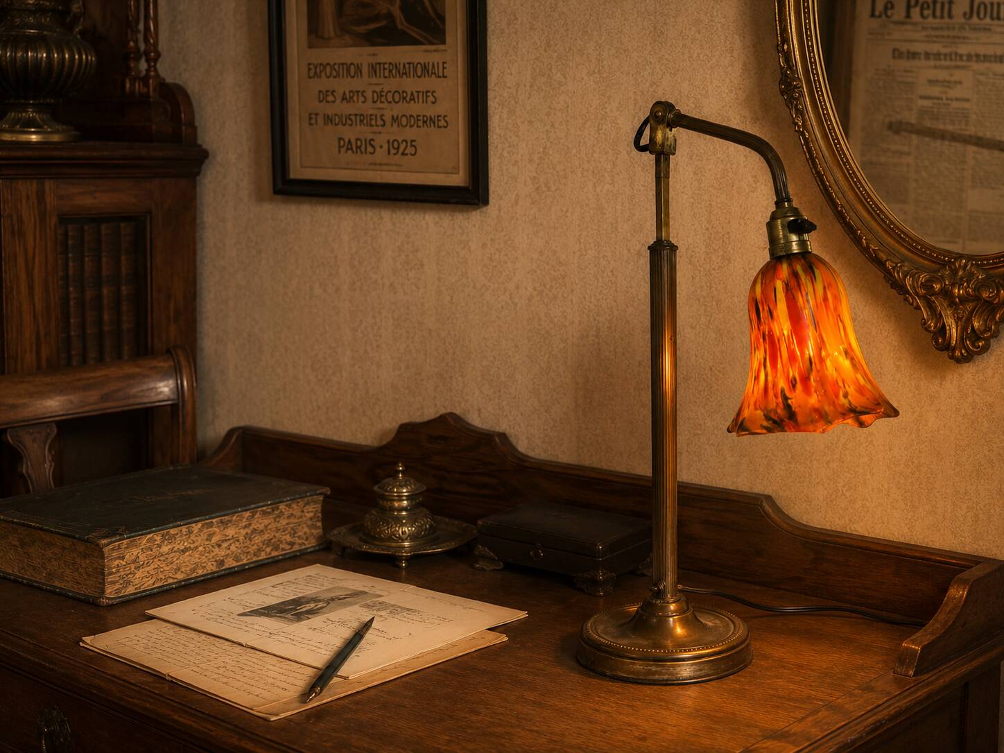 Vintage 1900 Clichy glass paste lamp, brass workshop desk - 60 cm