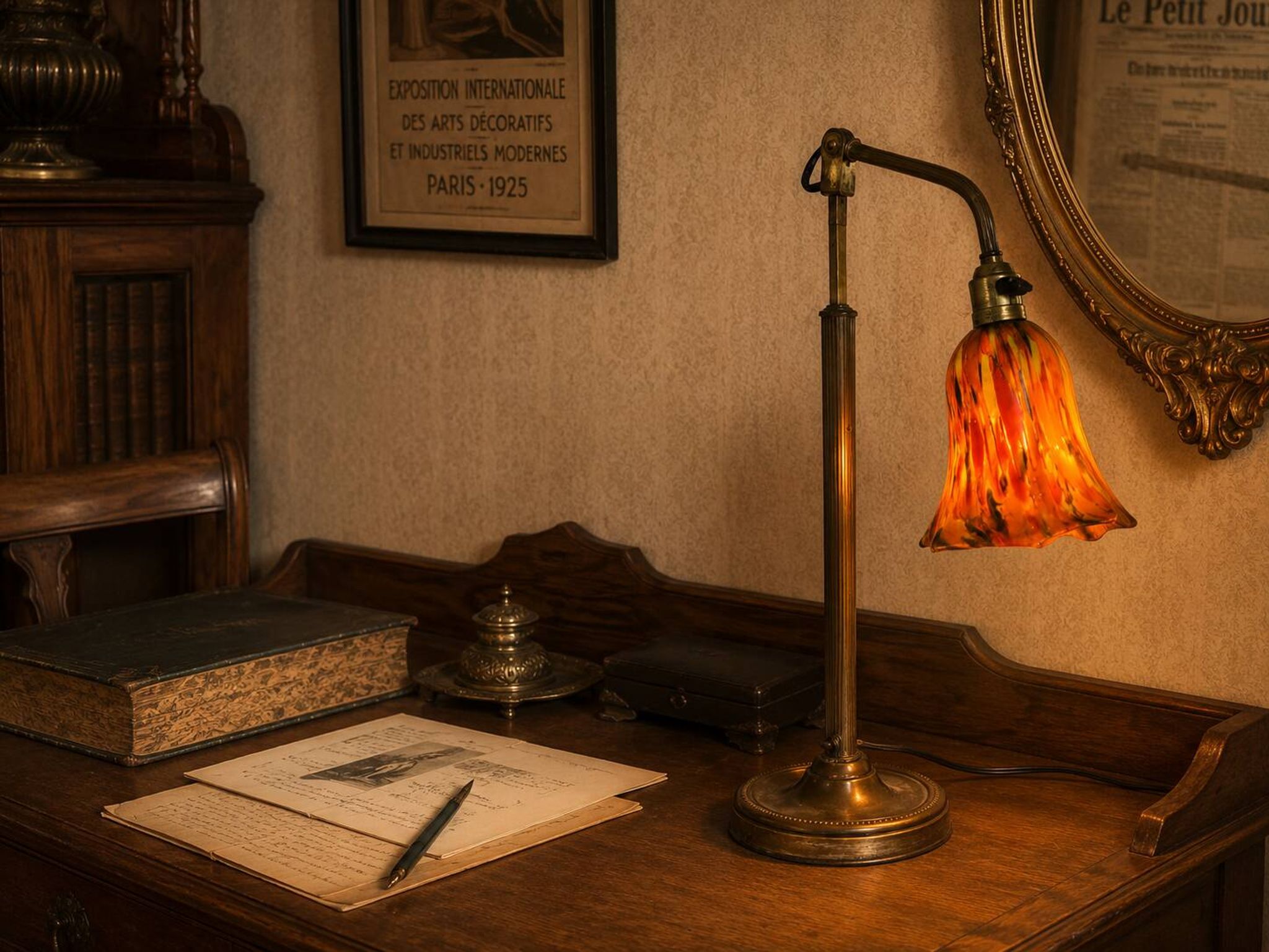 Vintage 1900 Clichy glass paste lamp, brass workshop desk - 60 cm
