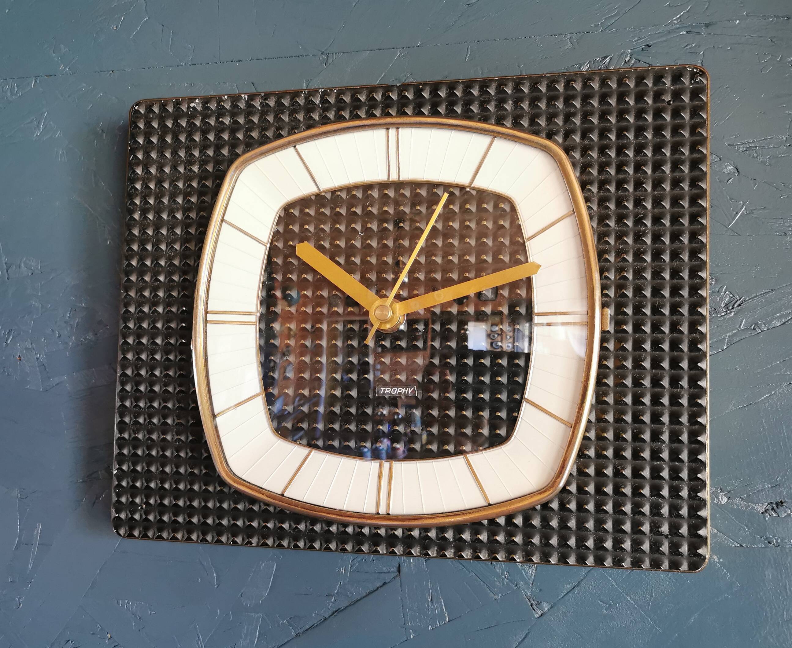 Vintage formica clock rectangular silent wall pendulum "Trophy black reliefs"