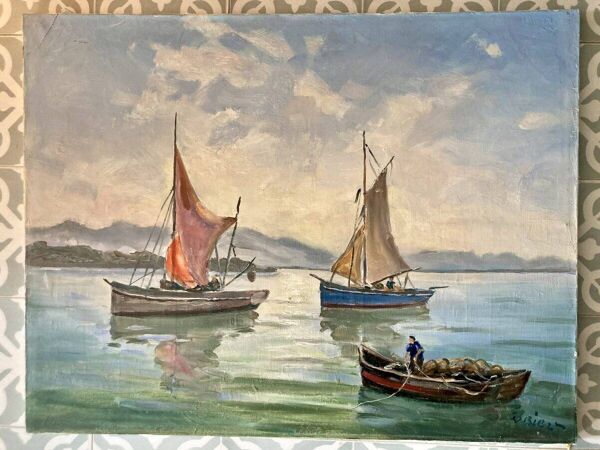 Tableau - Marine : retour de pêche - signature à identifier