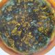 Set of 4 flamed enamel plates in green and amber from the 60s-70s.