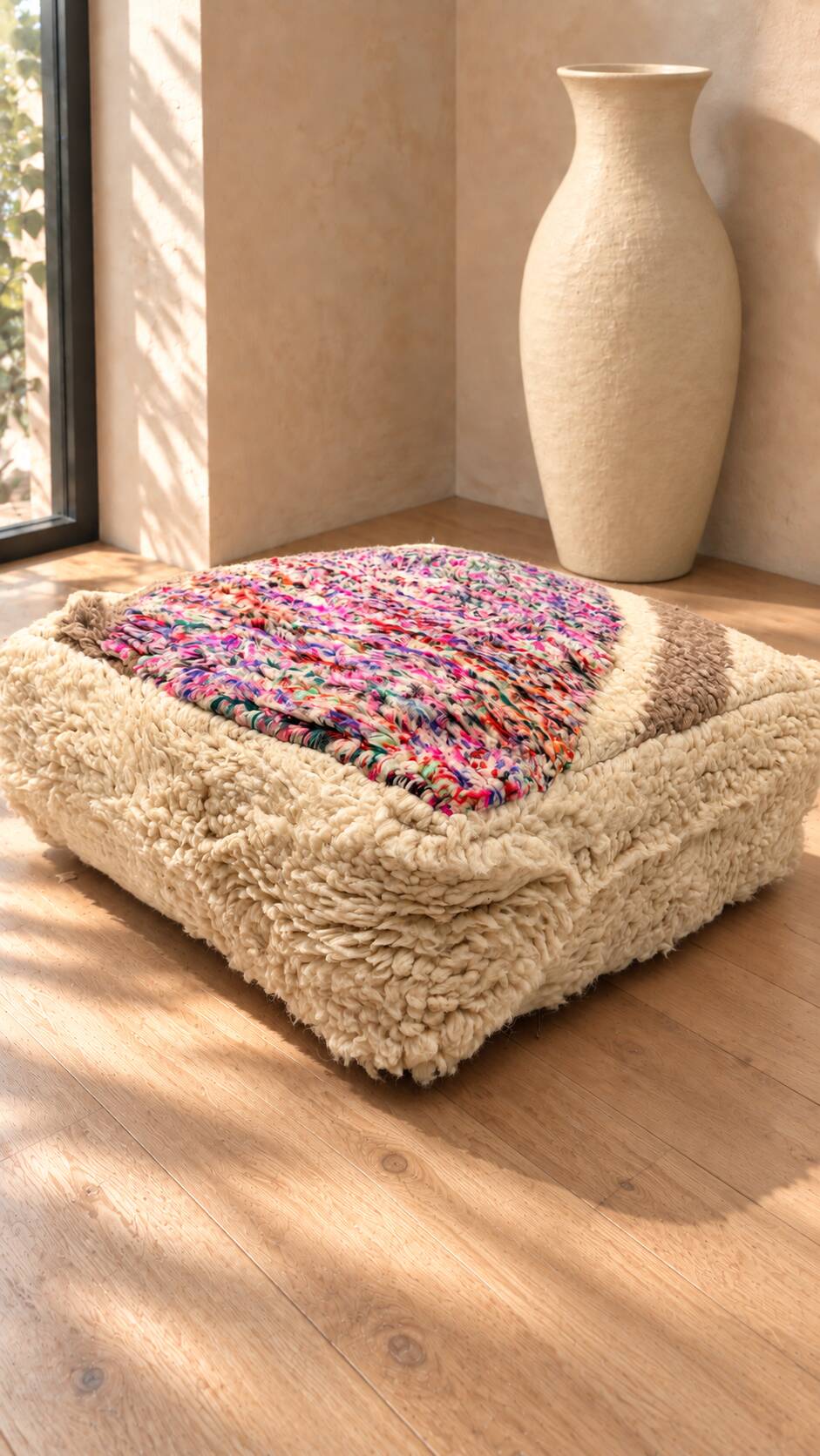 Vintage Moroccan pouf in multicoloured wool – 60 × 60 cm