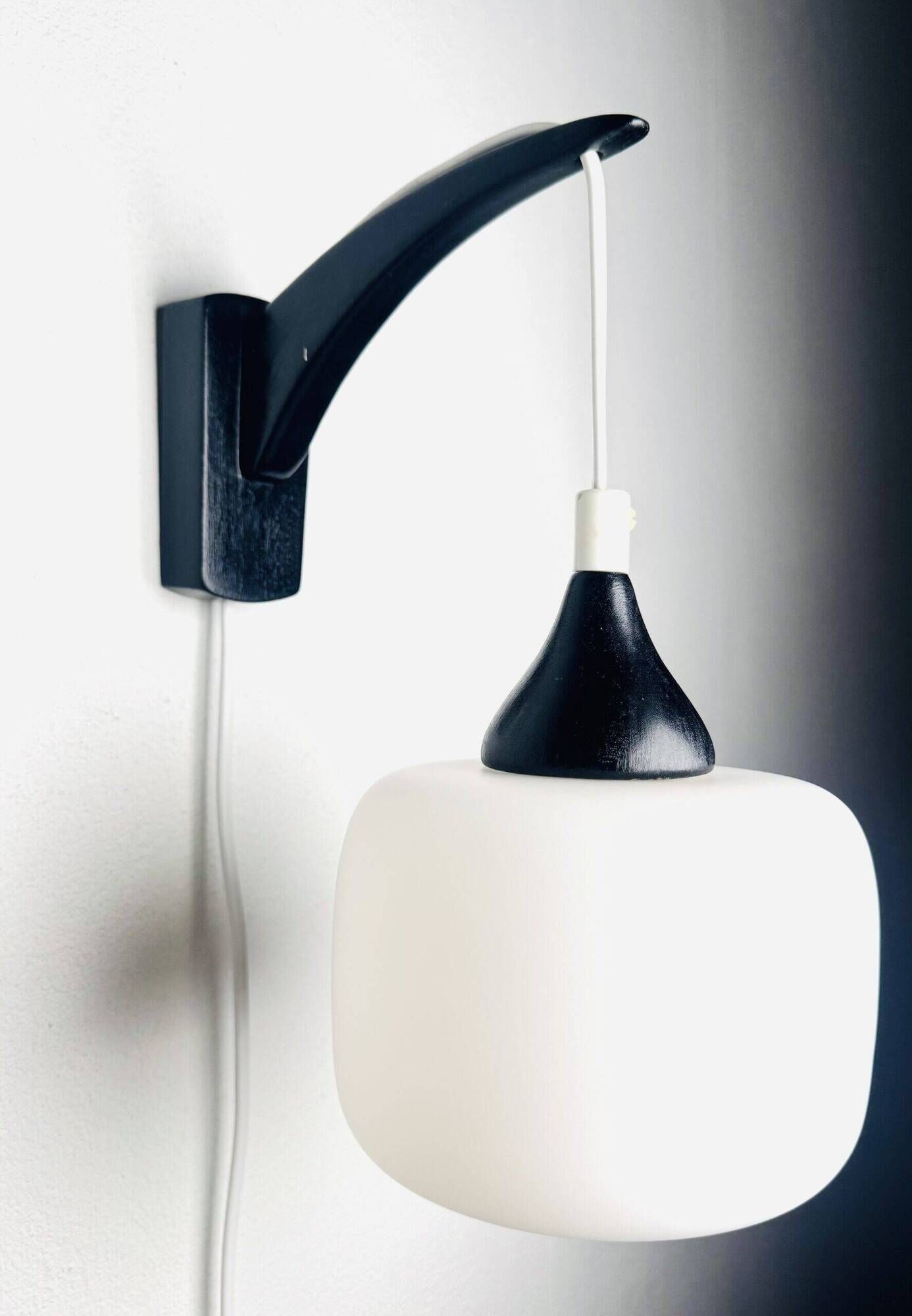 Set Of Single-Arm Wall Lamps In Teak And Opaline Glass By Uno & Östen Kristiansson For Luxus, Sweden 1960S