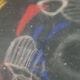Vintage glass carafe 1960 Atomic boomerang decor blue red yellow
