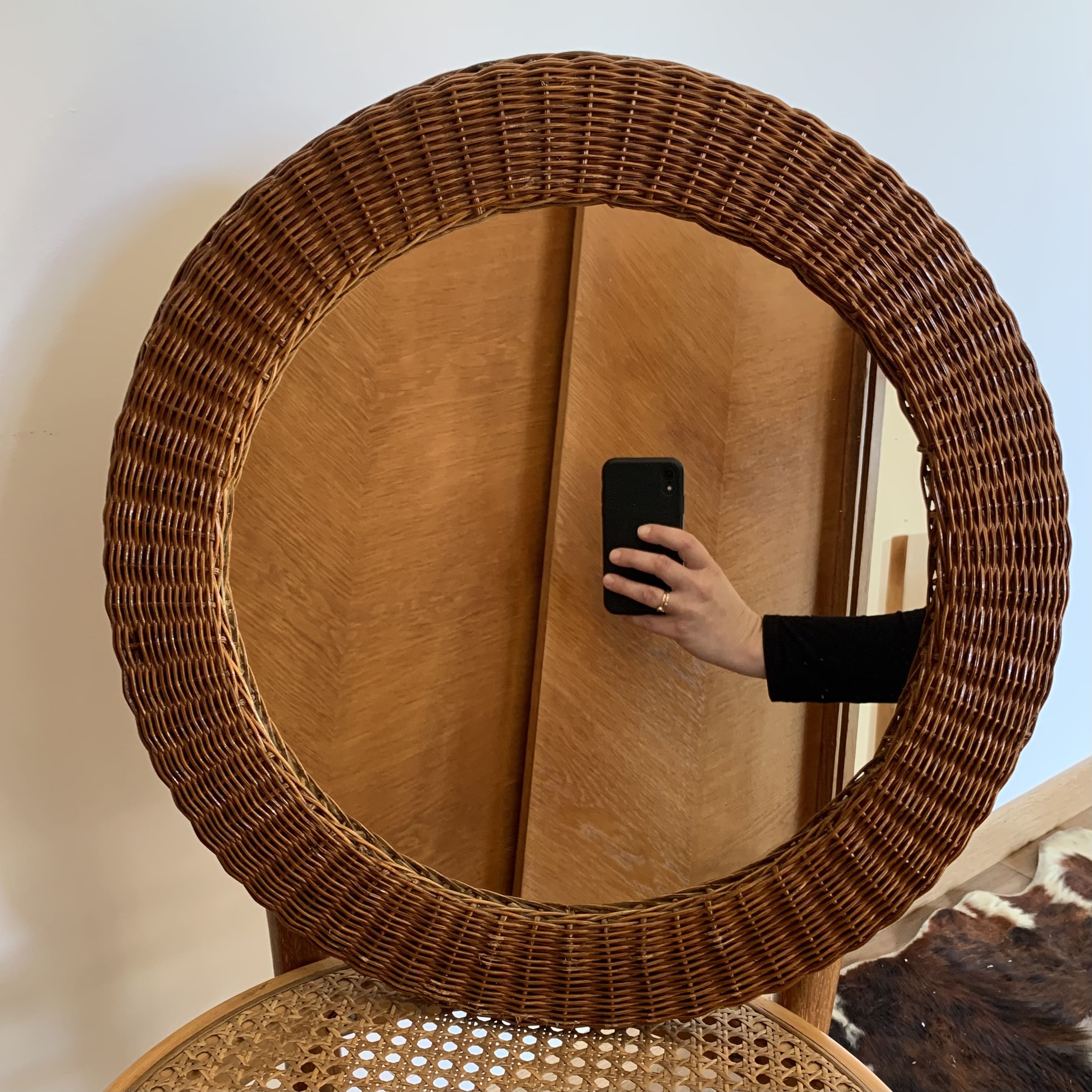miroir rond en rotin tressé, 1960's