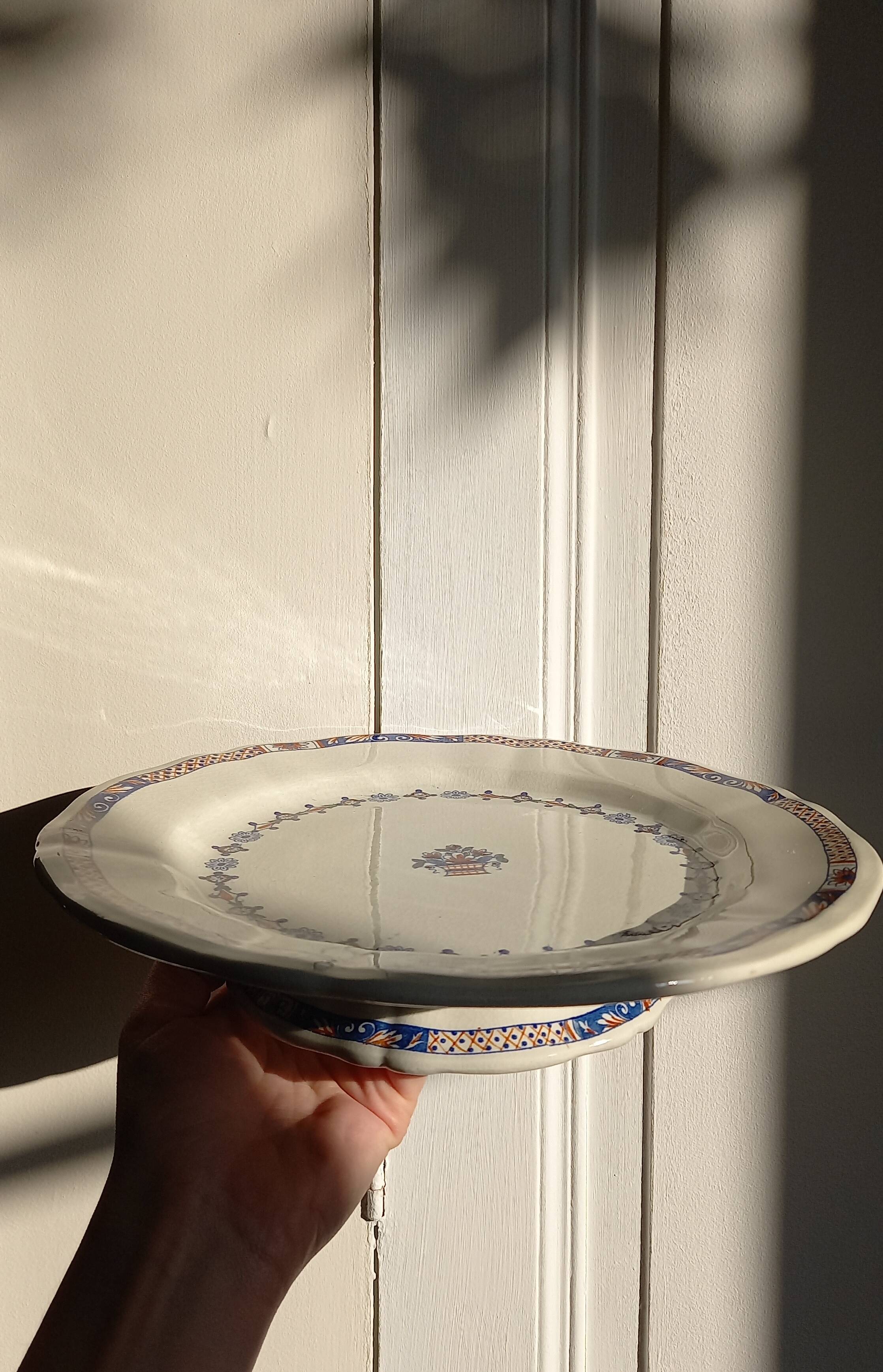 Old mounted plate, compotier in iron earthenware E. Bourgeois large deposit “Rouen XVIII”