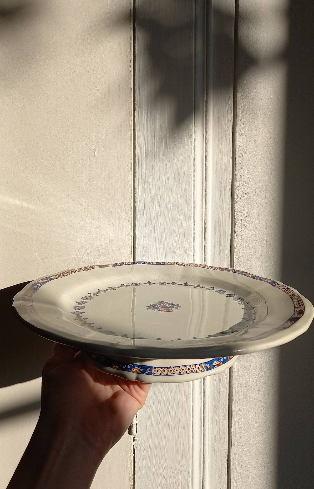 Old mounted plate, compotier in iron earthenware E. Bourgeois large deposit “Rouen XVIII”