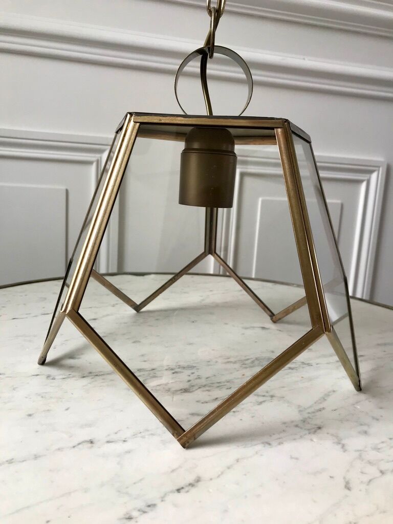 Brass pendant lamp and graphic gilded glass 60s-70s
