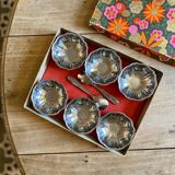 Vintage ice cream service, stainless steel cups and spoons