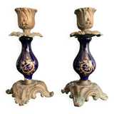 Pair of 19th century Sèvres blue and bronze candlesticks