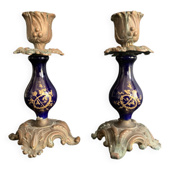 Pair of 19th century Sèvres blue and bronze candlesticks