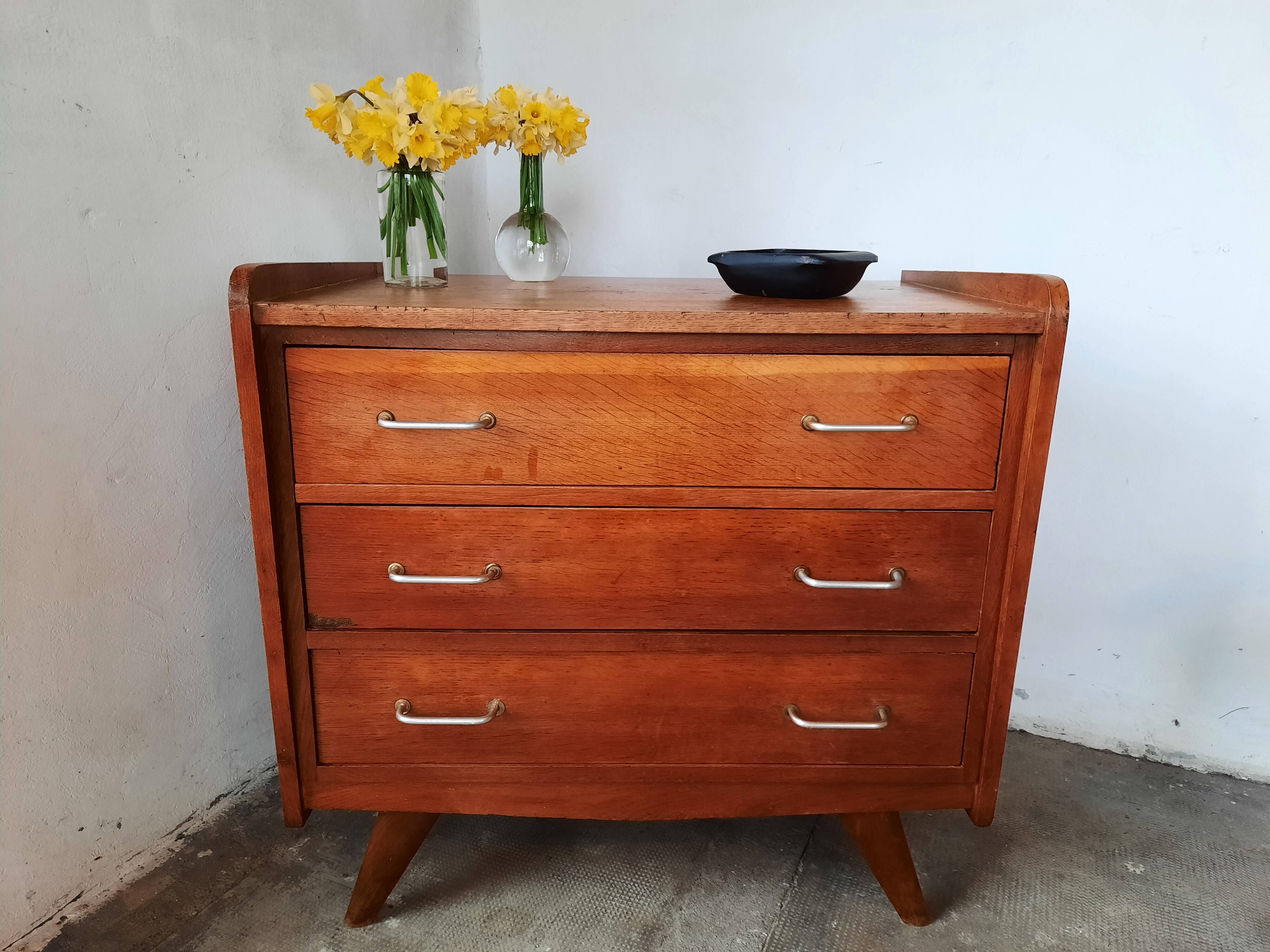 Oak chest of drawers with compass foot, vintage reconstruction
