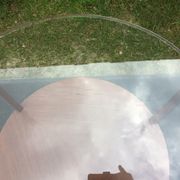 Vintage coffee table round compass legs top in glass and teak wood