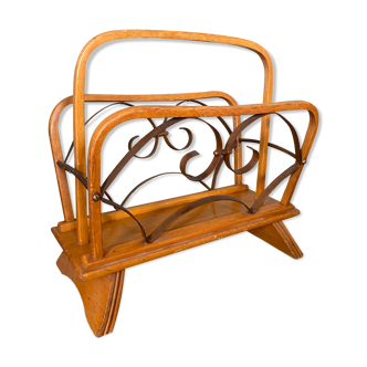 Vintage Wood and Brass Magazine Rack, 1930s