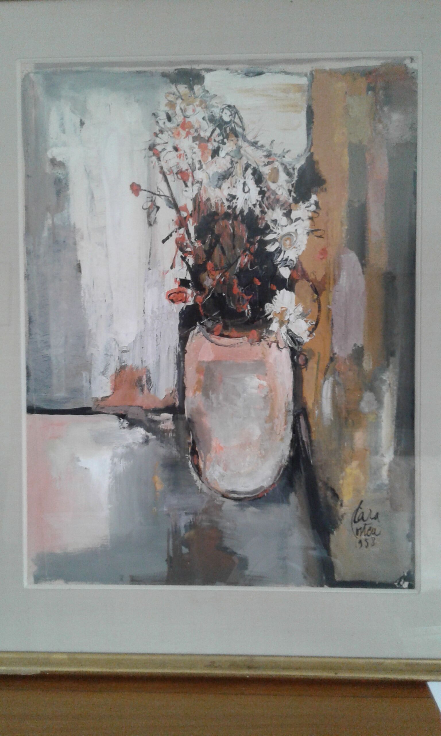 Ancient table . still life with a bouquet of flowers.  1958