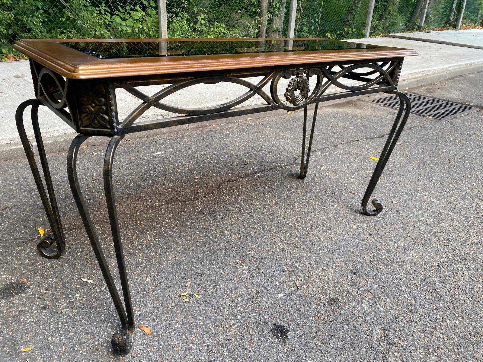 Neo-classical entrance console in wrought iron and solid oak H70 cm 1970