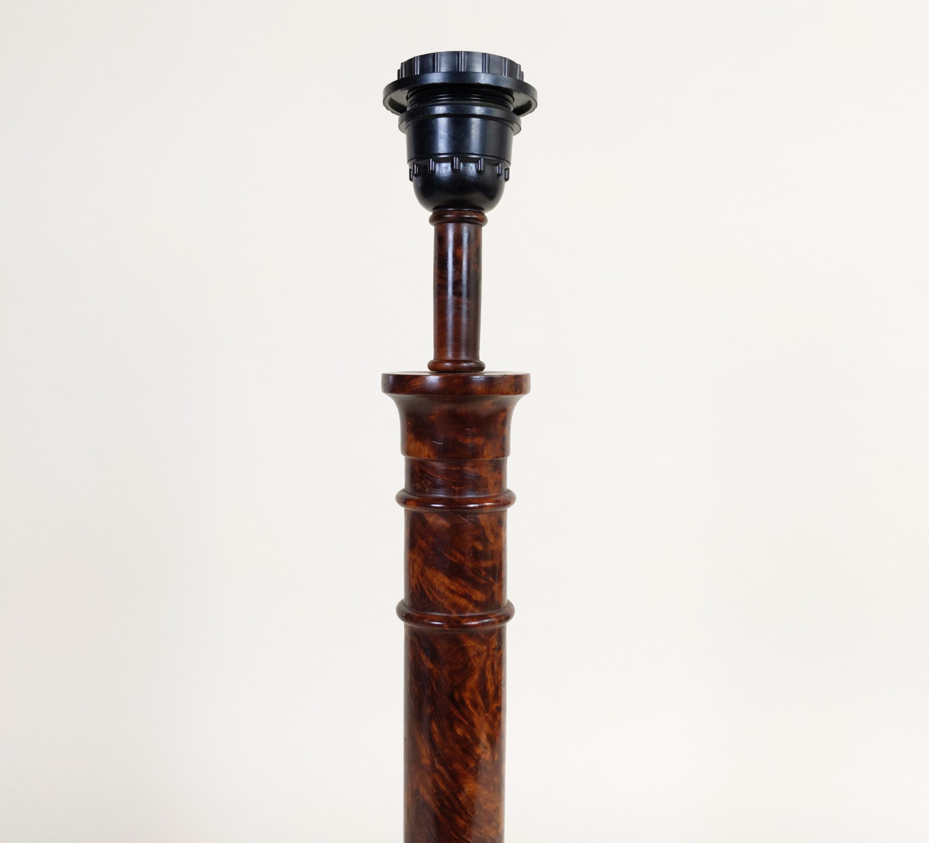 Hand-turned bramble wood lamp foot with golden twisted fabric cable