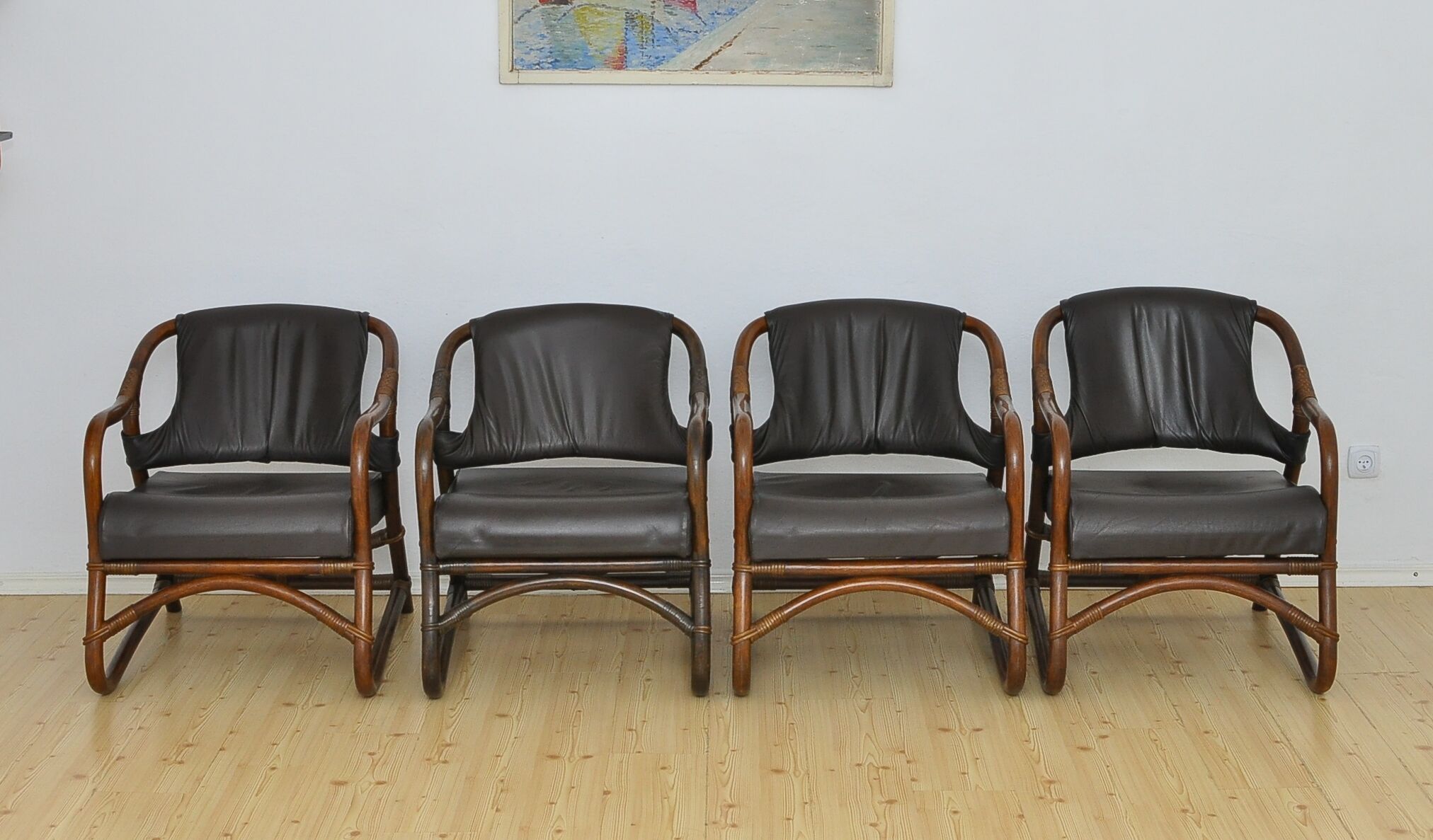 Set of bamboo armchairs with leather seats, 1970s