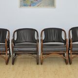 Ensemble de fauteuils en bambou avec sièges en cuir années 1970