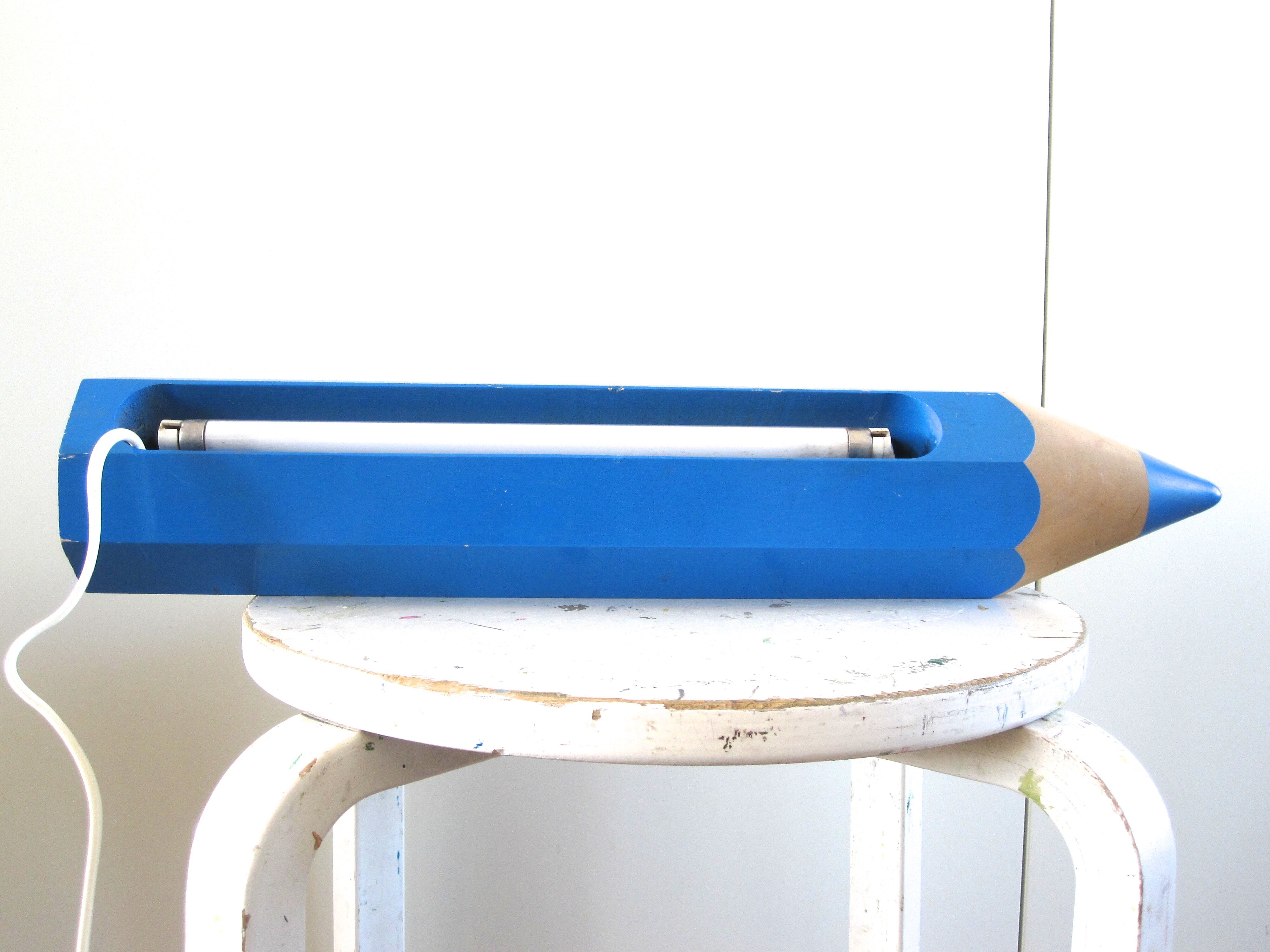 Pierre sala for vilac, blue wooden pencil lamp from the 80s