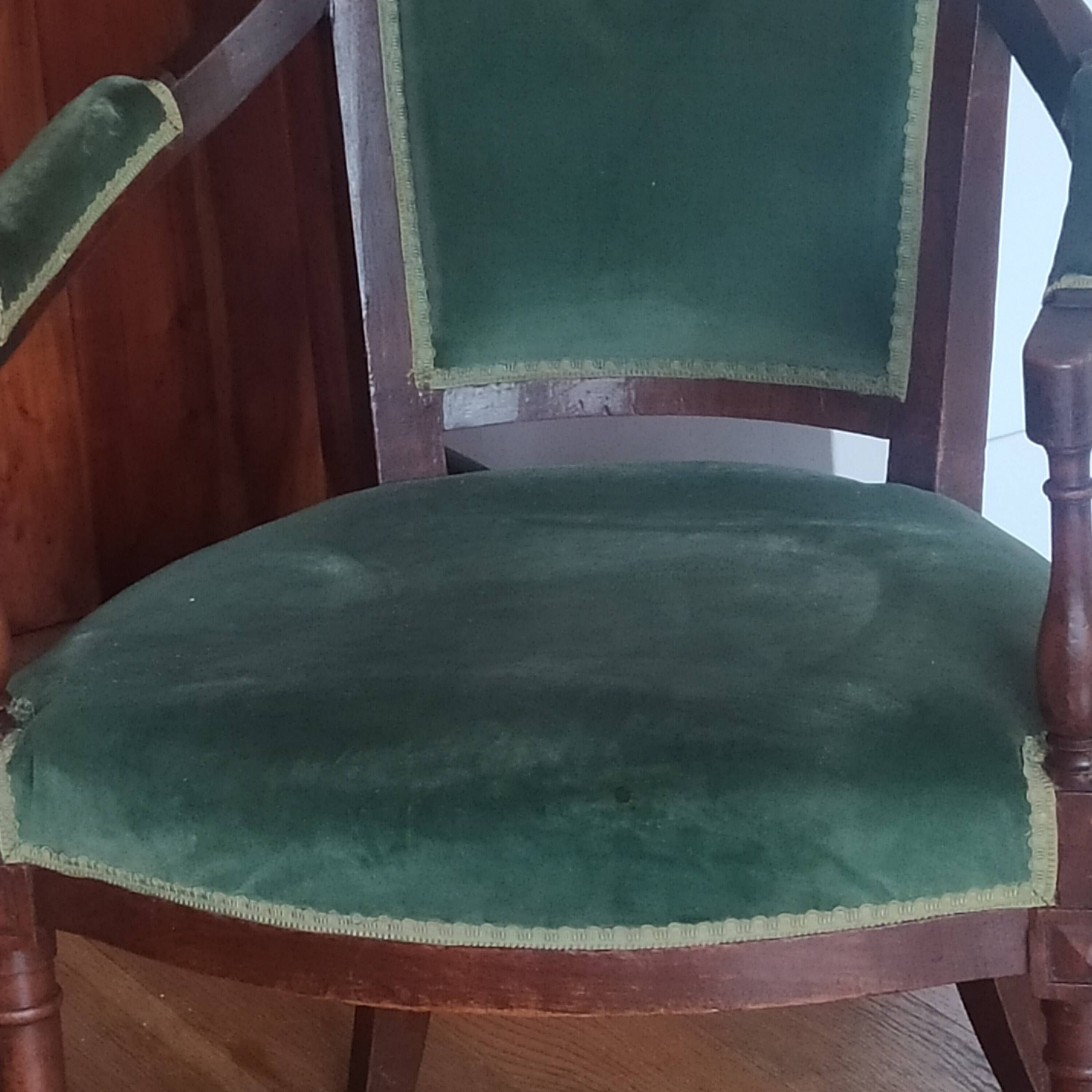 pair of Directoire armchairs in walnut, early 19th century, green velvet