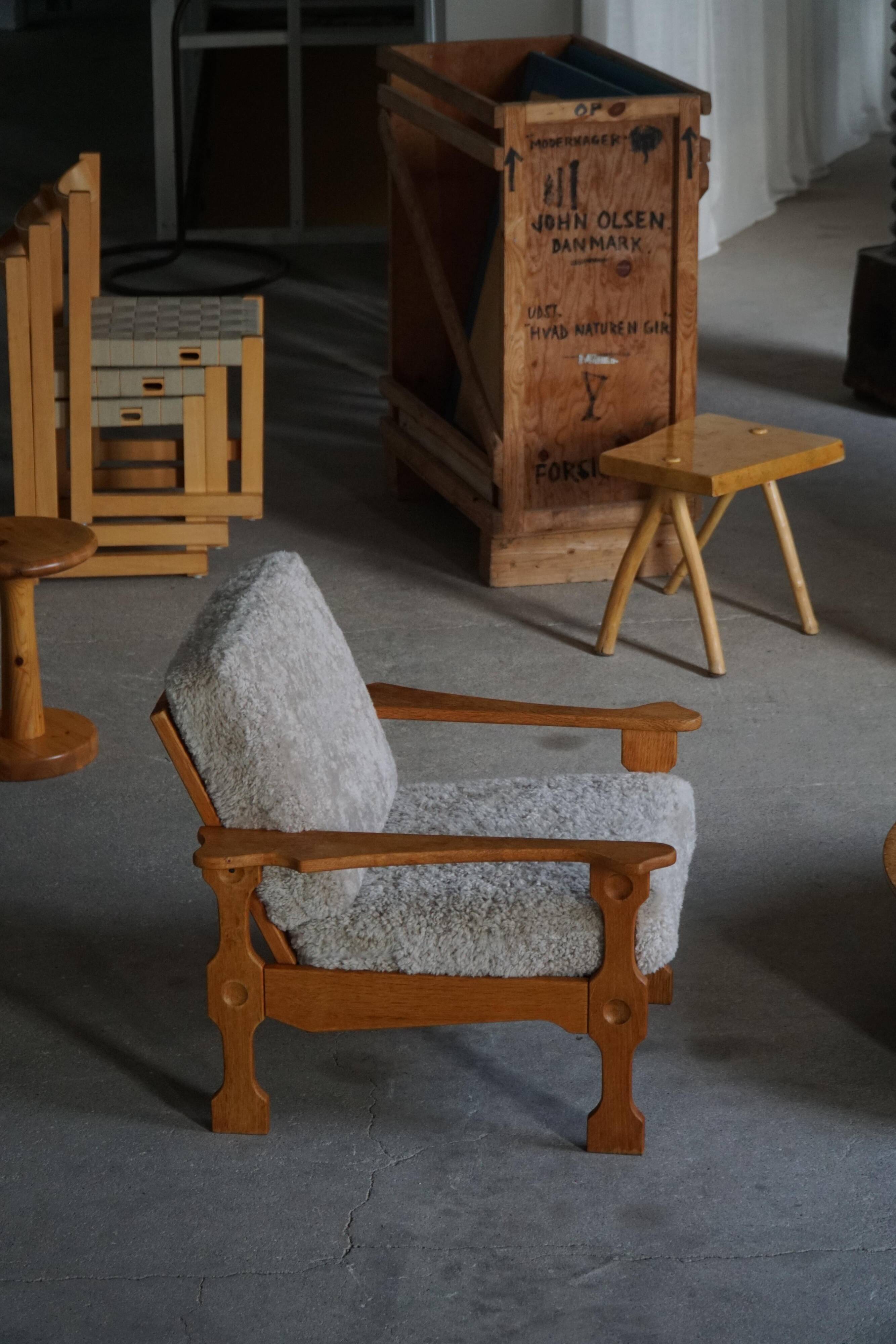 Modern Danish, Pair of Lounge Armchairs in Oak and Lambswool, Henning Kjærnulf, 1960s
