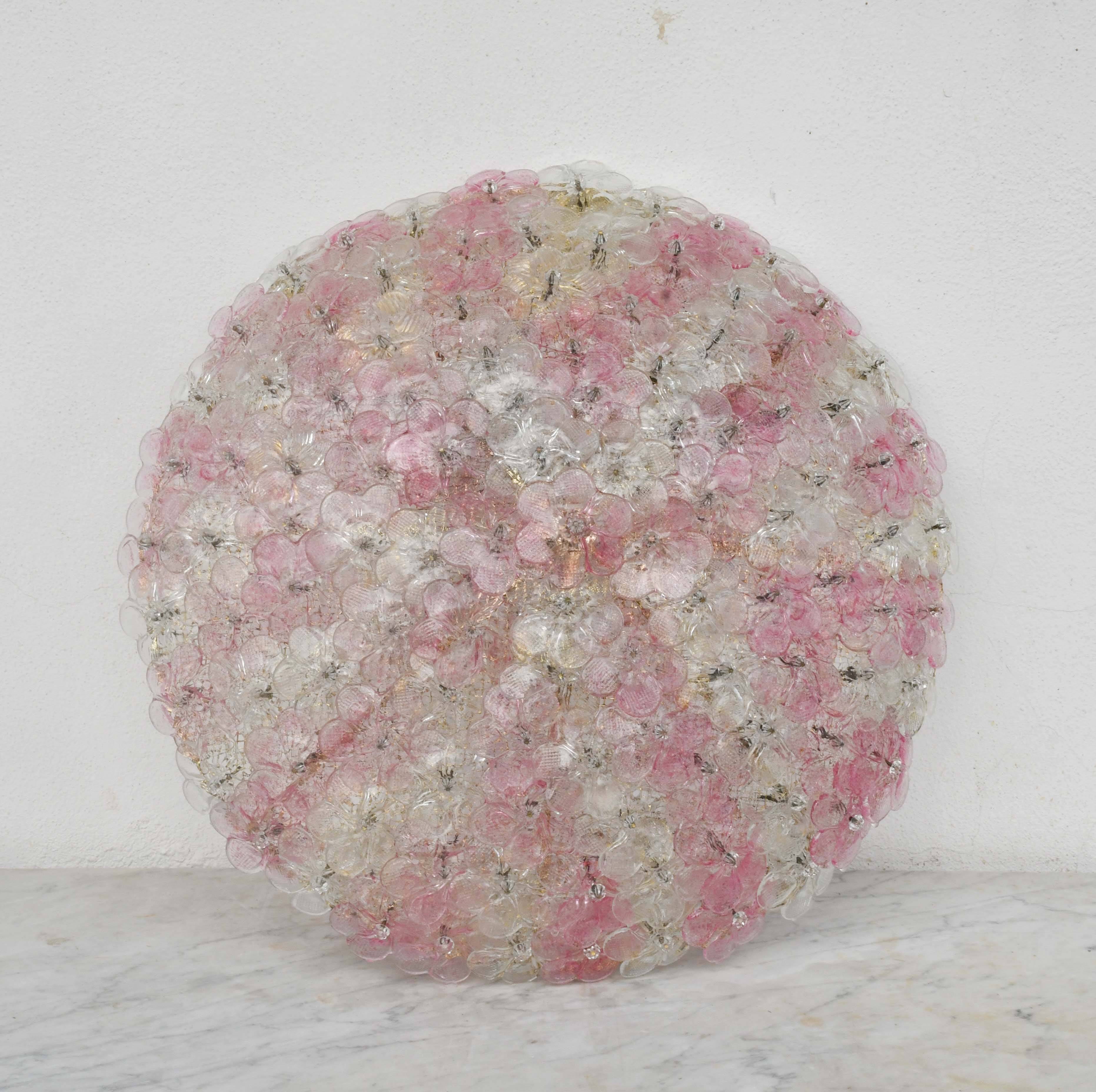 Wonderful Extra Large Size Pink Murano Glass Ceiling Light Flower by Seguso