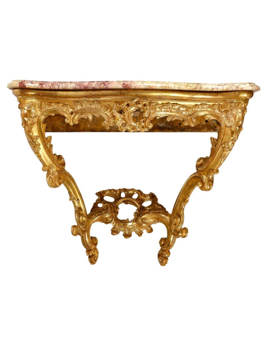 Console in Carved and Gilded Wood, Marble Top, 18th Century.