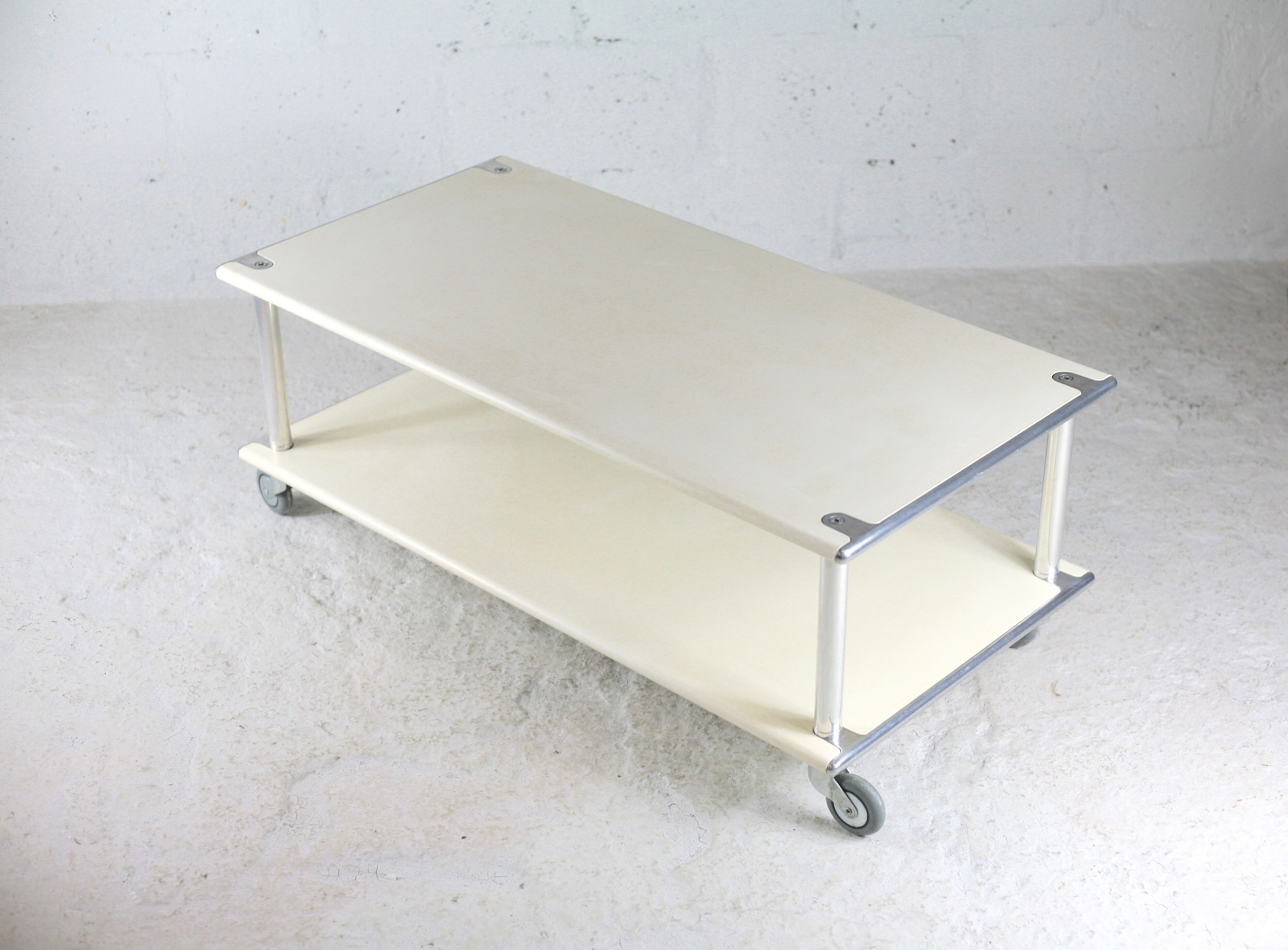 Coffee table in lacquered steel "cream", double trays, France, circa 1970